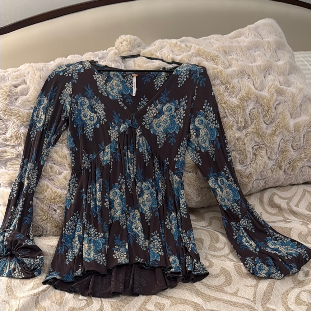 Free People Blue Smocked Blouse with Ruffled Hem